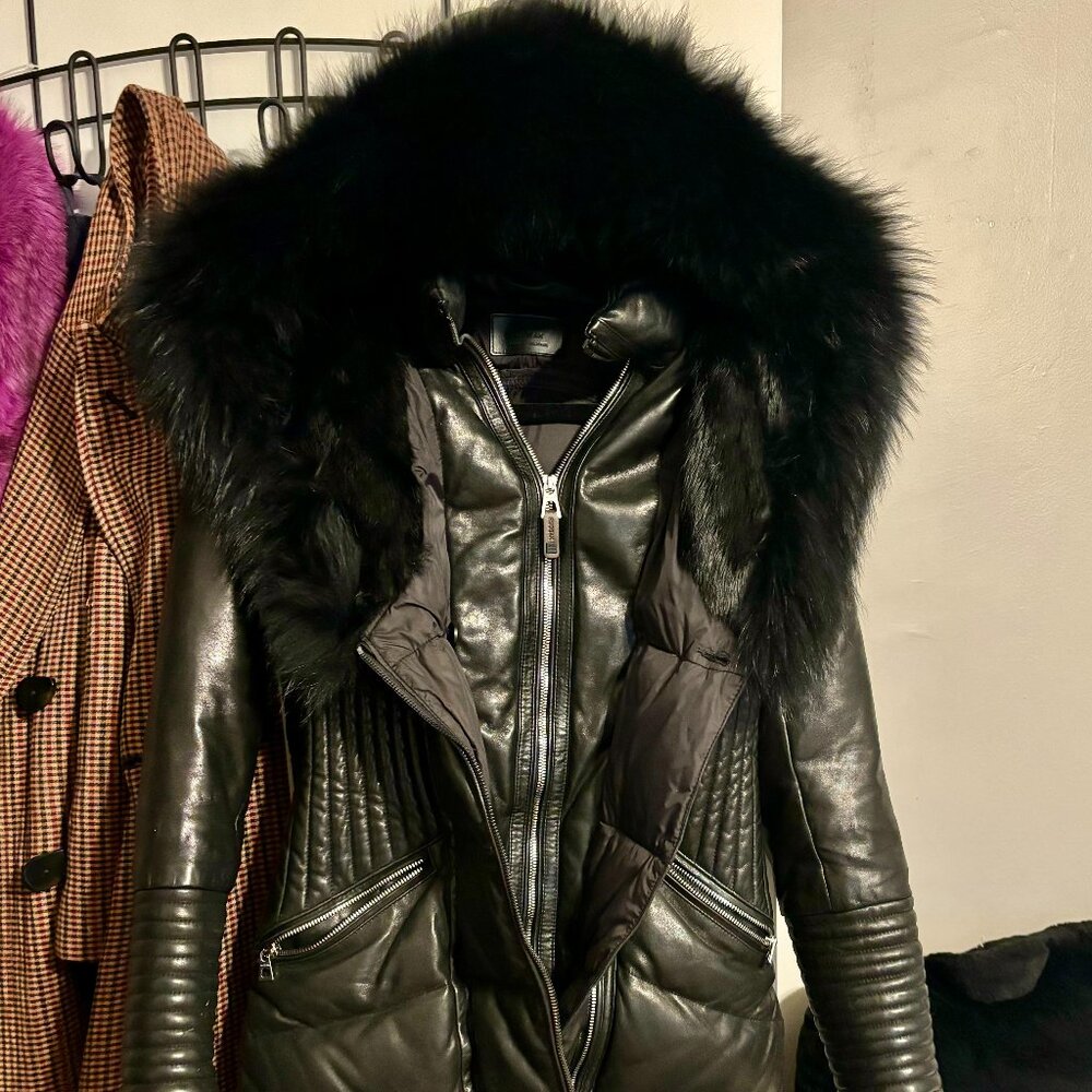 RUDSAK Black Leather Jacket with Plush Fur-Trim Hood